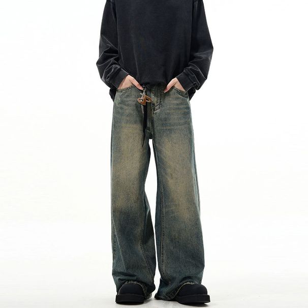 Men's Vintage Washed Straight Wide-Leg Jeans – Retro Clean Fit Cotton Denim Pants Men's Clothing_mkmklike.com