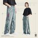Men's Graffiti Colorblock Straight Jeans – Streetwear Wide Leg Denim Pants (S-XL, Old Blue & Black)_mkmklike.com