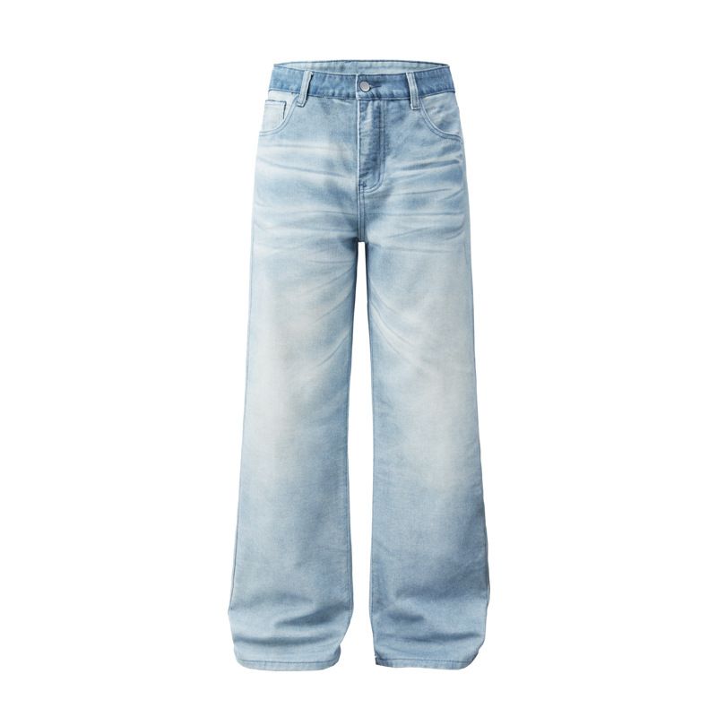 Men's Light Blue Washed Distressed Wide Leg Jeans Retro American Style High Street Baggy Straight Leg Floor Length_mkmklike.com