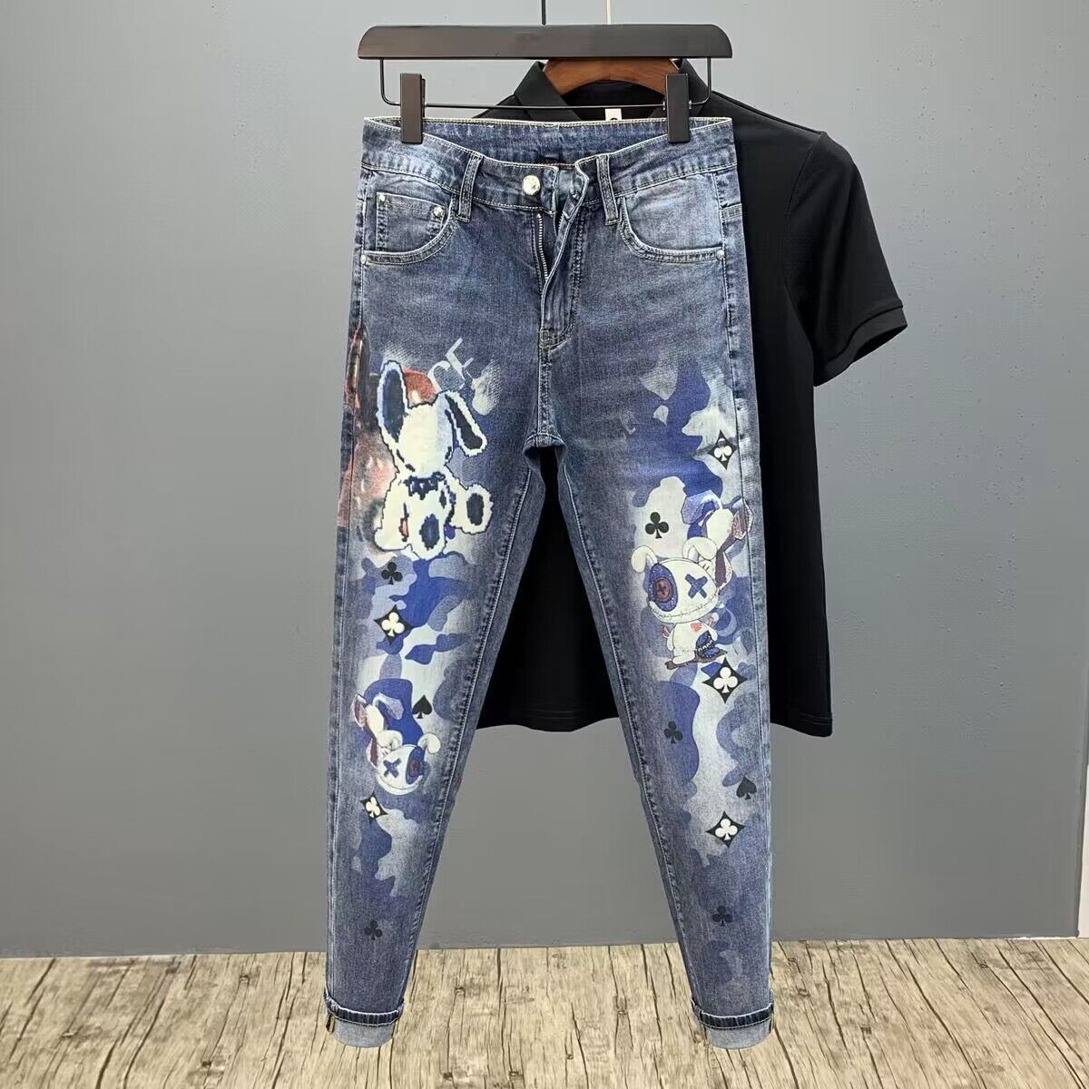 Spring And Autumn New Graffiti Printed Jeans Men's Fashion Slim-fit Elastic Small Feet Versatile Pants_mkmklike.com