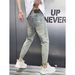 American High Street Washed Denim Jeans For Men, Slim Fit, Trendy Brand, Letter Print, Colorful Paint, Distressed, Slim Fit Straight Leg Trousers._mkmklike.com