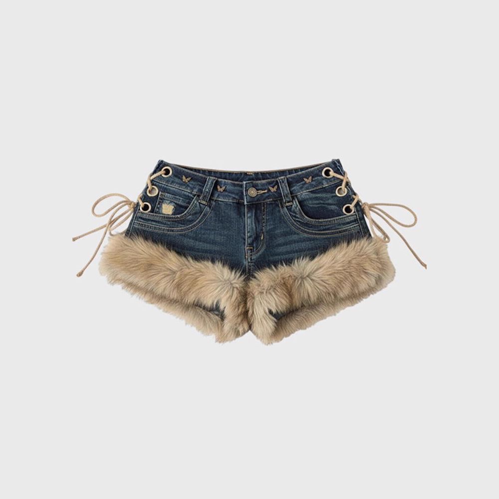 Women's Faux Fur Trim Denim Shorts, Y2K Lace-Up Side Low Waist Distressed Jean Shorts, Casual Club Party Streetwear Hot Pants For Daily Outdoor Wear_mkmklike.com