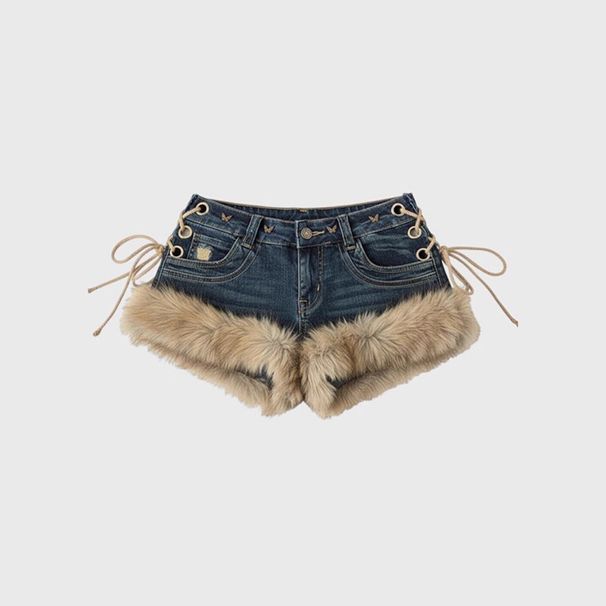 Women's Faux Fur Trim Denim Shorts, Y2K Lace-Up Side Low Waist Distressed Jean Shorts, Casual Club Party Streetwear Hot Pants For Daily Outdoor Wear_mkmklike.com