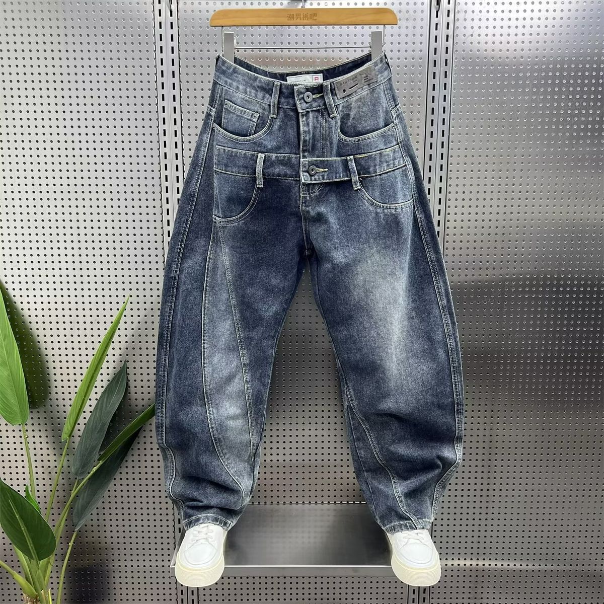 American Washed Retro Denim Scimitar Pants Men's Autumn And Winter Trendy Brand Splicing Wide-leg Trousers Ruffian Handsome Harlan Straight-leg Trouse_mkmklike.com