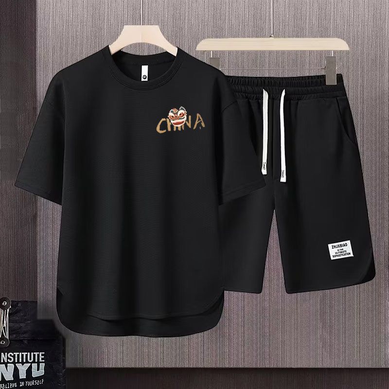 Men's Clothing 2024 Waffle Casual Summer Suit Men's Loose Teen Short sleeved T shirt Shorts Handsome Two piece Suit_mkmklike.com