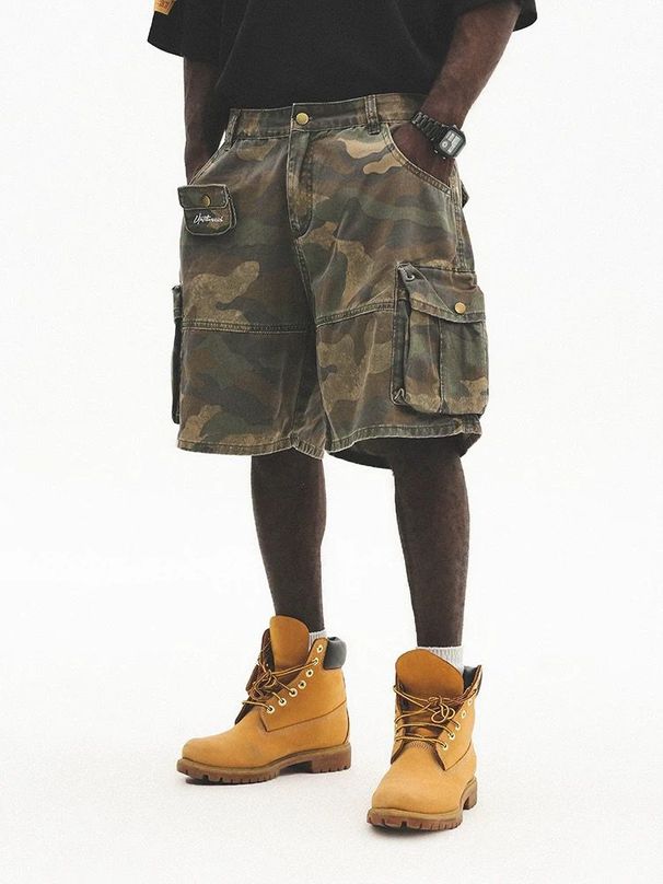 Summer Camouflage Loose Fit Cargo Pants For Men Washed Distressed Five Point Multi Pocket Denim Shorts American Style_mkmklike.com
