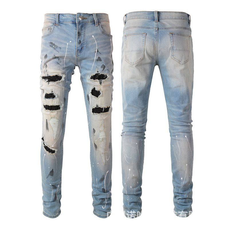 Men's Clothing Casual Versatile American High Street Graffiti Jeans Men's Ripped Diamond Patch Slim Fit Men's Pants 8616_mkmklike.com
