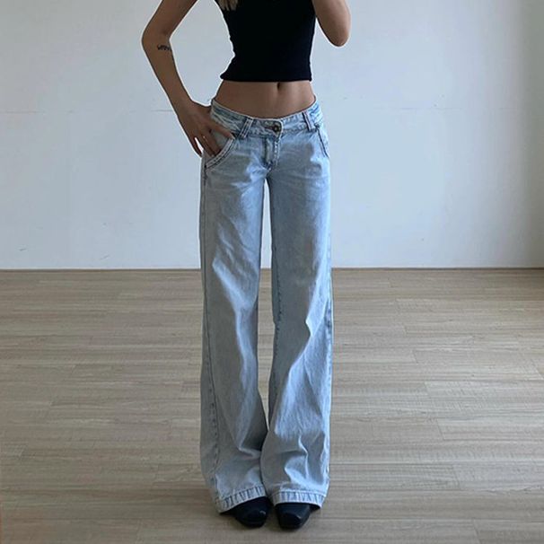 Women's Clothing Retro High Street Jeans Washed Light Blue Design Straight Mopping Pants Loose Trousers_mkmklike.com