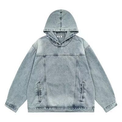 Old Washed Hooded Denim Sweatshirt With Retro Street Style, Loose Fitting Couple Jacket, Men's Jacket_mkmklike.com