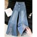 High Waist Wide Leg Blue Patchwork Denim Jeans Korean Style Fashionable Chic Trendy New Summer Women's Pants_mkmklike.com