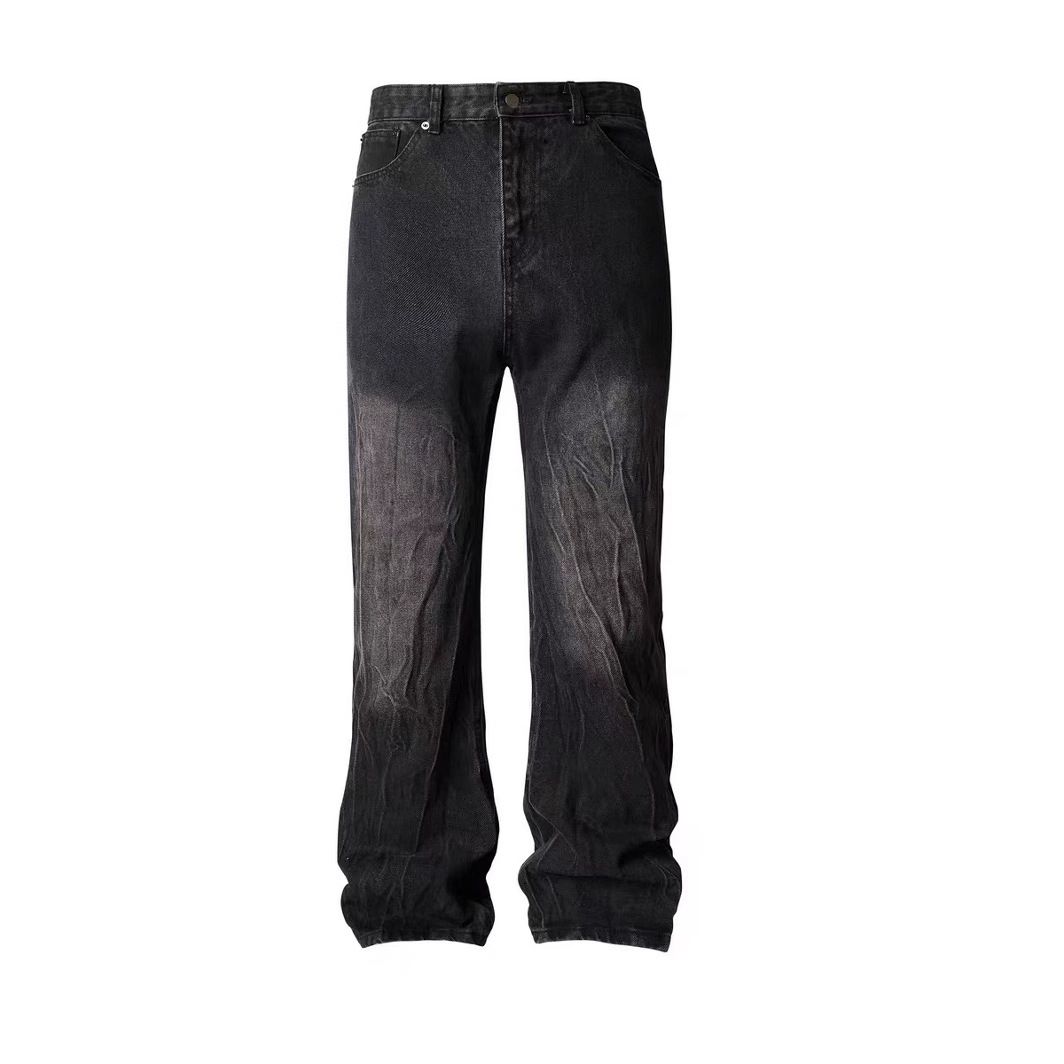 Vintage Distressed Flared Jeans – Black & Gray Lightning Wash, High Street Cleanfit Denim Trousers_mkmklike.com