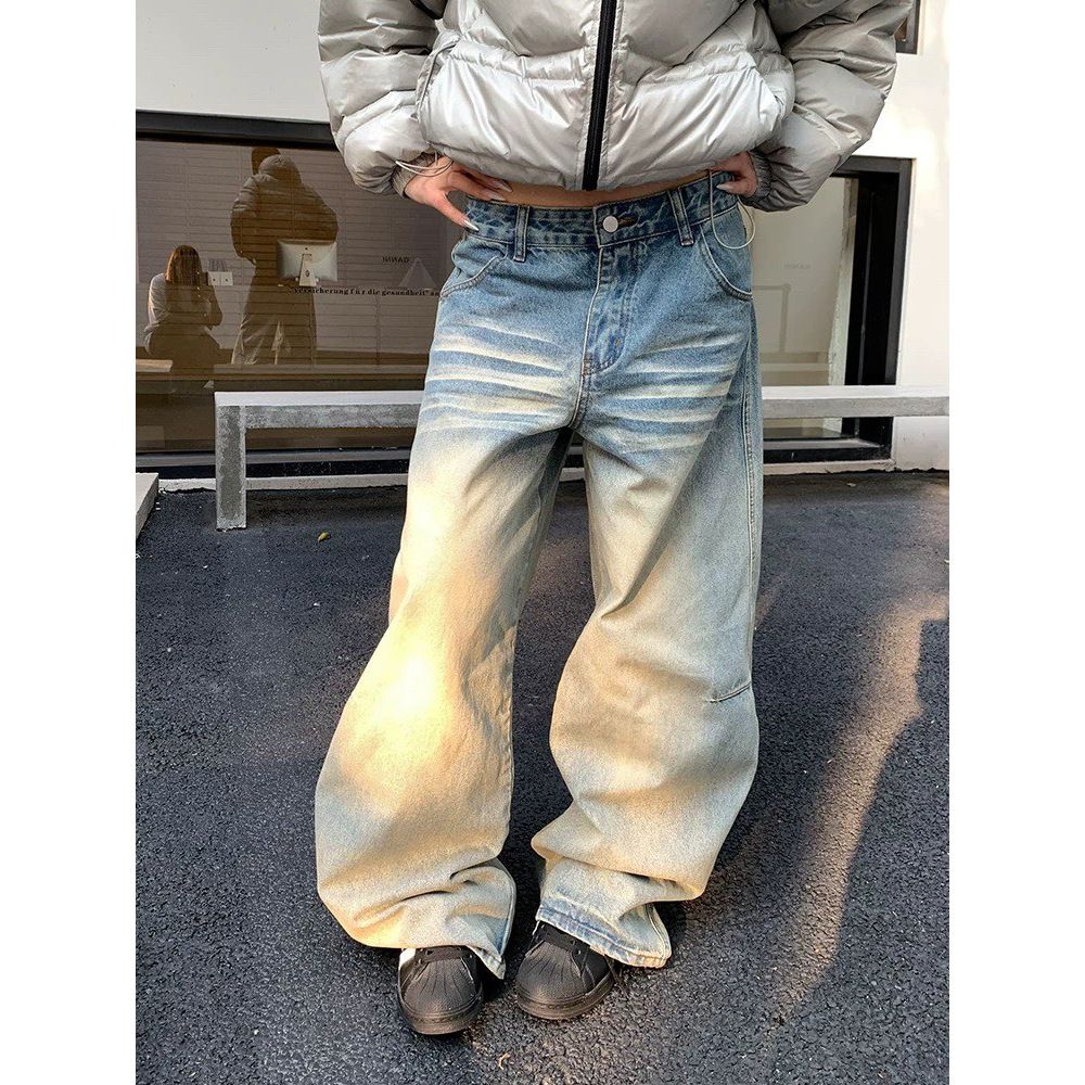 Unisex Loose Straight Leg Jeans American Retro Style Washed Whiskering Striped Scimitar Wide Leg Floor Length Trousers_mkmklike.com