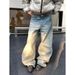 Unisex Loose Straight Leg Jeans American Retro Style Washed Whiskering Striped Scimitar Wide Leg Floor Length Trousers_mkmklike.com