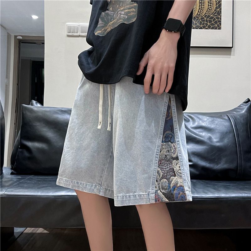 Men's Clothing Men's Trendy Summer Loose Fitting Patchwork Retro Embroidered Denim Shorts Versatile Five Point Pants_mkmklike.com