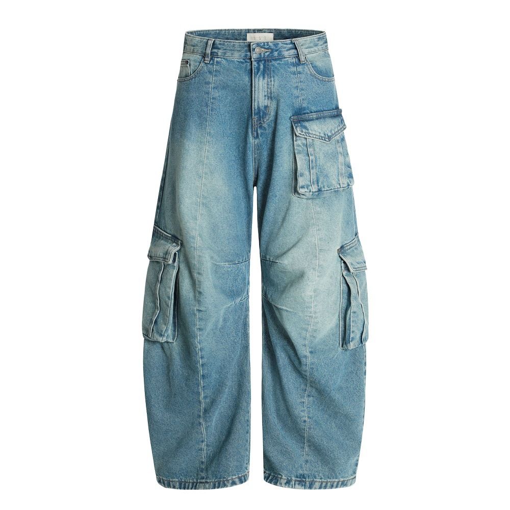 American High Street Vintage Washed Multi-Pocket Cargo Jeans Vibe Trendy Brand Men's Loose Curved Wide-Leg Pants_mkmklike.com