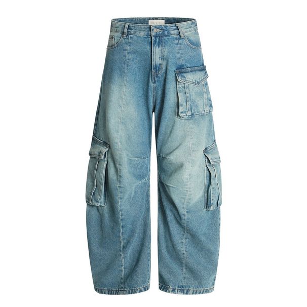 American High Street Vintage Washed Multi-Pocket Cargo Jeans Vibe Trendy Brand Men's Loose Curved Wide-Leg Pants_mkmklike.com