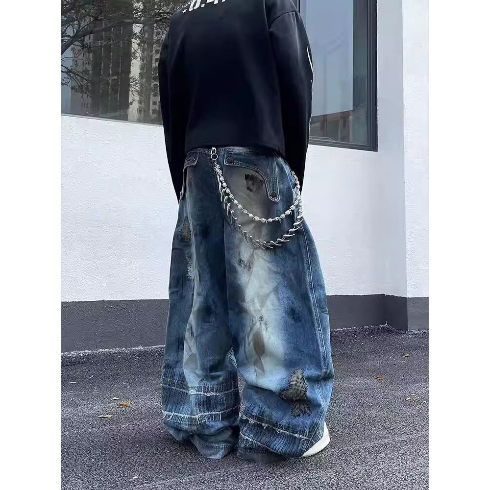 Vintage Distressed Patchwork Jeans – Raw Hem Wide-Leg Denim Pants With Contrast Stitching For Men & Women (S-3xl)_mkmklike.com