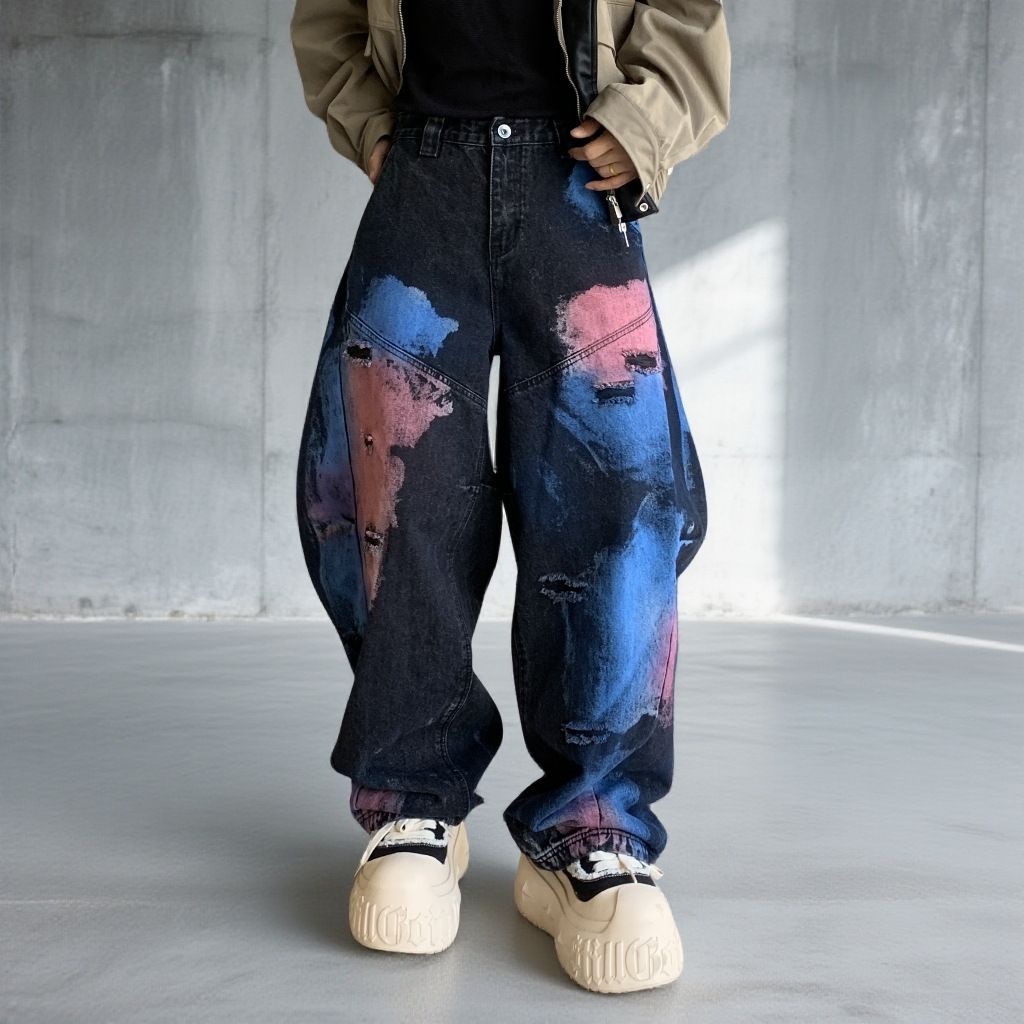Men's Black Graffiti Jeans - Loose Fit Straight Leg Denim With Urban Color Block Design_mkmklike.com