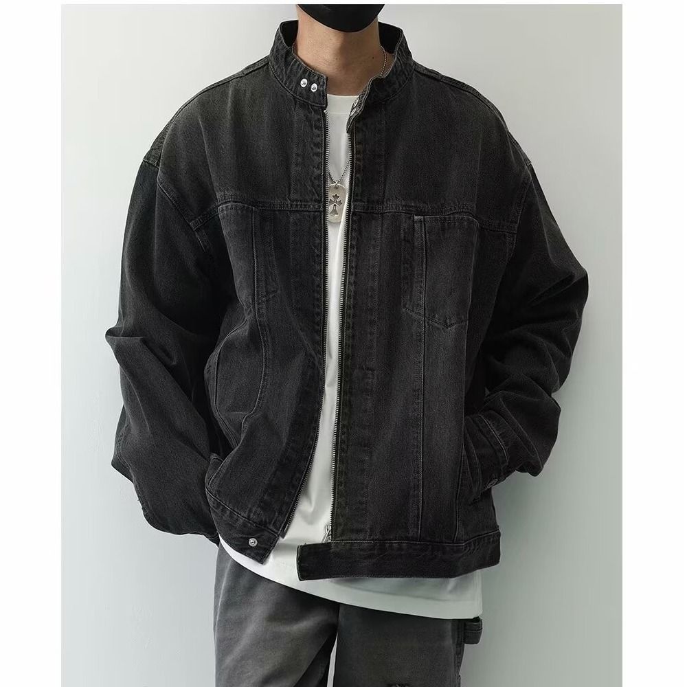 American Retro Workwear Stand Collar Washed Blue Denim Jacket Spring And Autumn Men's New Loose Top Casual Coat Trend_mkmklike.com