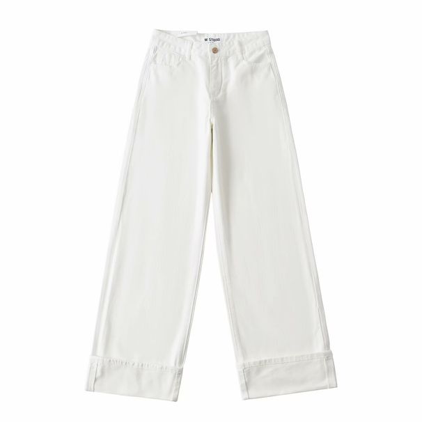 Women's Retro Mid-Rise Wide-Leg Jeans - Vintage Straight Denim Pants With Cuffed Hem, Black/Light Blue/White/Raw Denim (Xs/S/M/L)_mkmklike.com