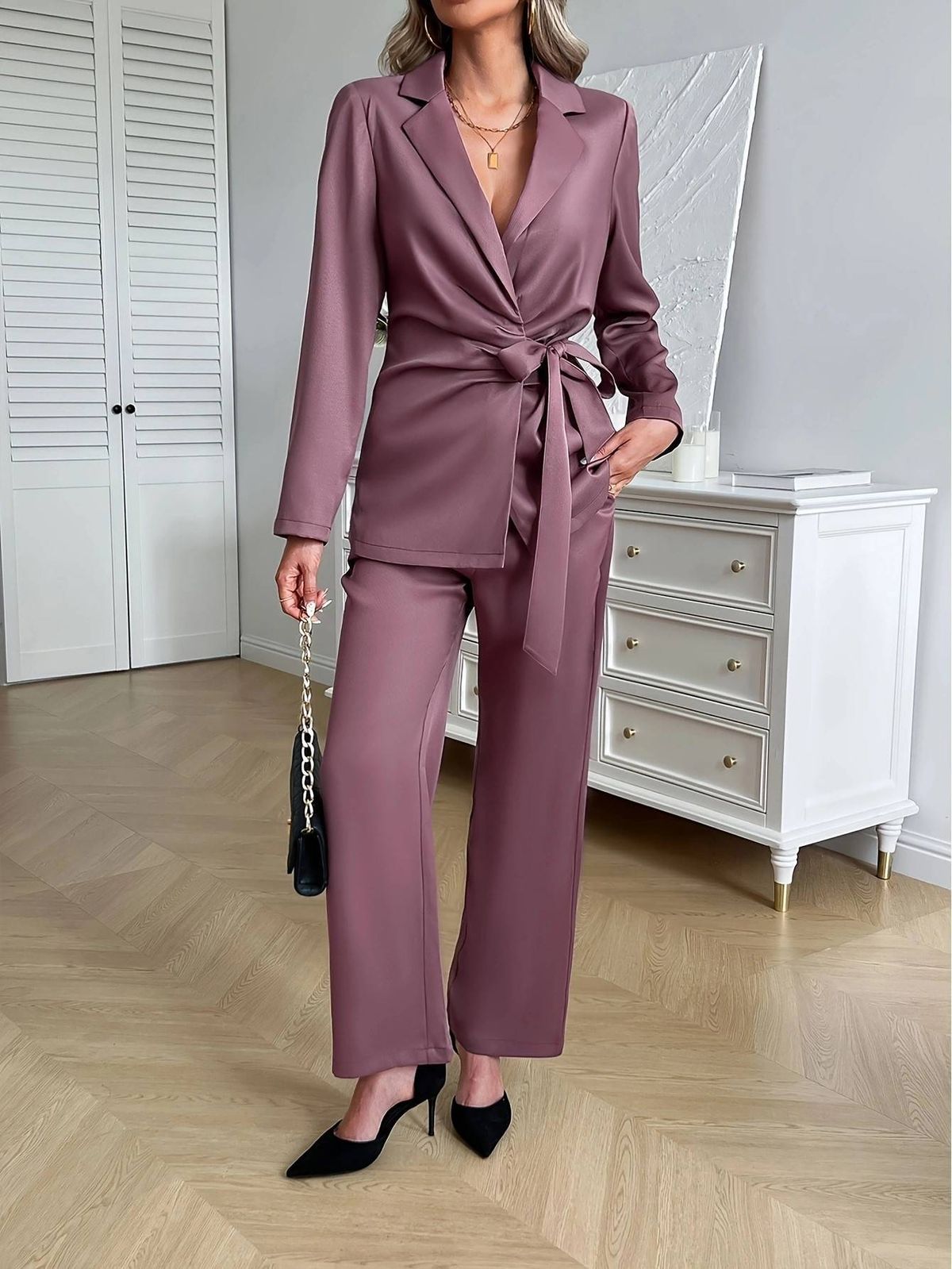 Women's Autumn And Winter Satin Solid Color Bathrobe Set_mkmklike.com