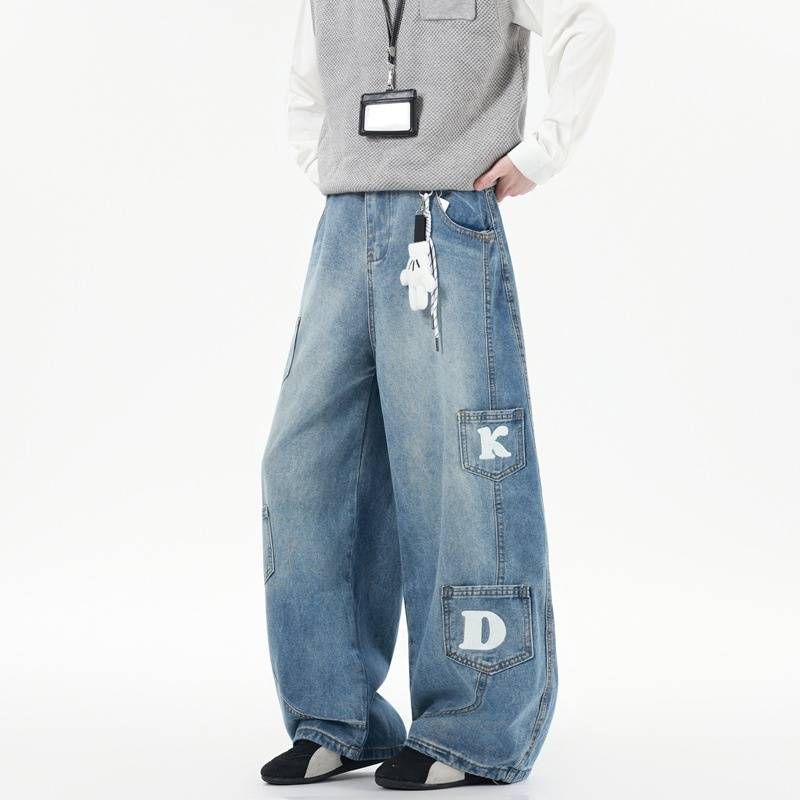 Men's Retro Wide-Leg Jeans – Distressed Baggy Denim Pants With Chain Accents, Oversized Cargo Pockets & Low-Crotch Drop, 90s Streetwear Trousers_mkmklike.com