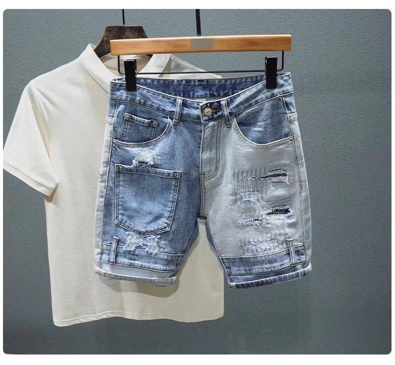 Men's Light Blue Distressed Denim Shorts Mid-Rise Straight-Leg Cutoff Patch Details Casual Summer Style Sizes 28-36_mkmklike.com