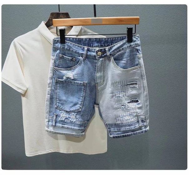 Men's Light Blue Distressed Denim Shorts Mid-Rise Straight-Leg Cutoff Patch Details Casual Summer Style Sizes 28-36_mkmklike.com