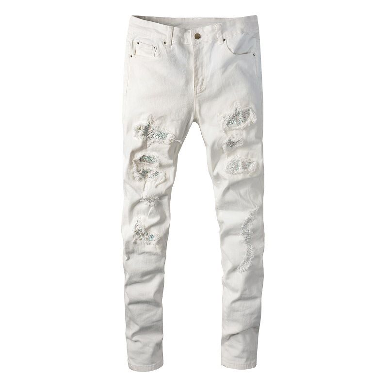 Men's Clothing Ins Same Style Washed Cat Whisker Wrinkled Hole Diamond White Elastic Slim Fit Skinny Jeans Jeans_mkmklike.com