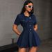 K Women's New Denim Style Casual Waist Cinched Lapel Dress_mkmklike.com