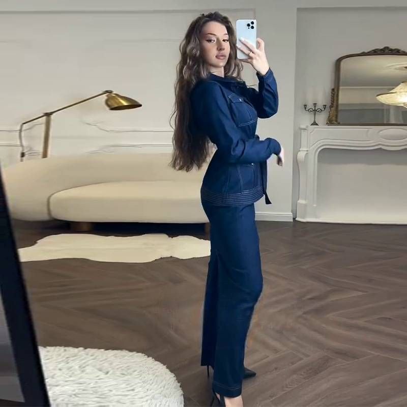 Women's Clothing Temperament Belt With Row Elegant Denim Dress Suit With Belt & Button-Down Long Sleeve Top – Blue, XS-XXXL, Office & Casual Wear_mkmklike.com