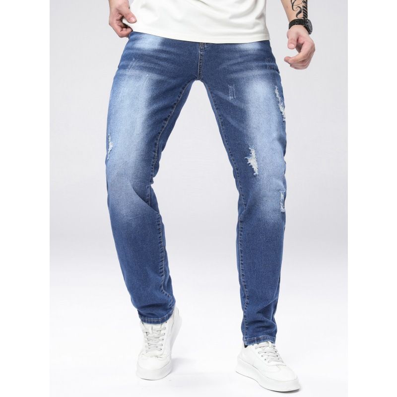 Men's Stretch Blue Ripped Jeans - High Street Fashion Straight Leg Denim Pants For Casual Wear Trend-Forward Distressing_mkmklike.com