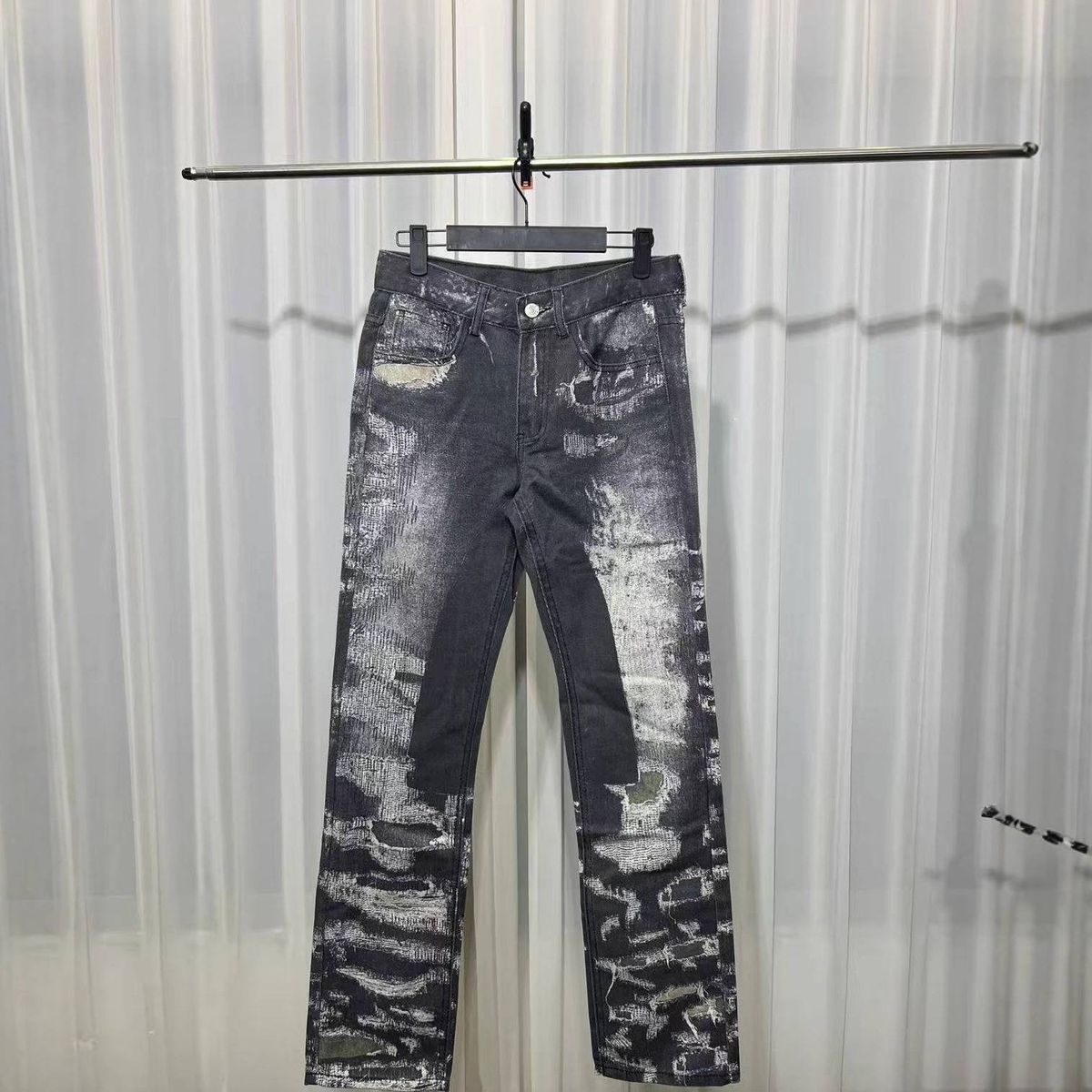 3D Printed GVC Destroyed Jeans For Men - Straight Leg Distressed Denim Pants With Whisker & Vintage Wash (Blue/Black)_mkmklike.com