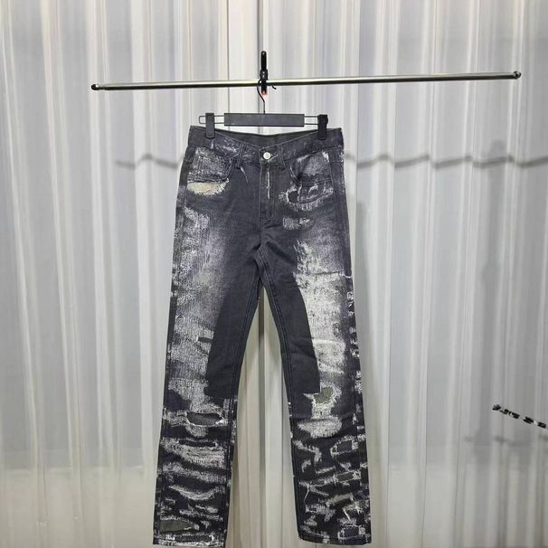3D Printed GVC Destroyed Jeans For Men - Straight Leg Distressed Denim Pants With Whisker & Vintage Wash (Blue/Black)_mkmklike.com