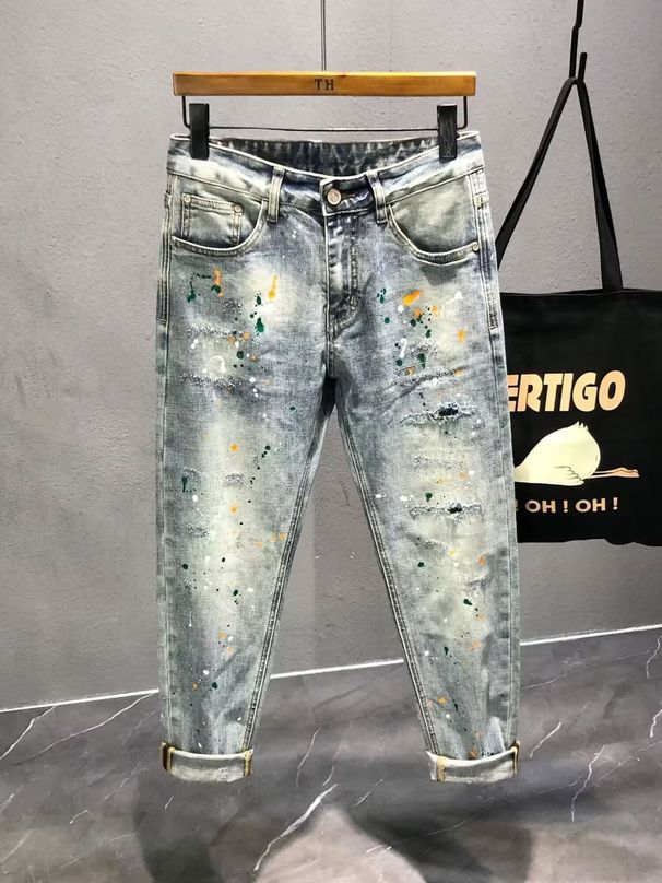 Men's Clothing Retro Splash Ink Straight Leg Jeans Washed Distressed High Street Pants_mkmklike.com