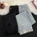 Men's Trendy Ripped Frayed Jeans Loose Straight Leg High Street Style American Retro Washed Denim Slightly Flared_mkmklike.com