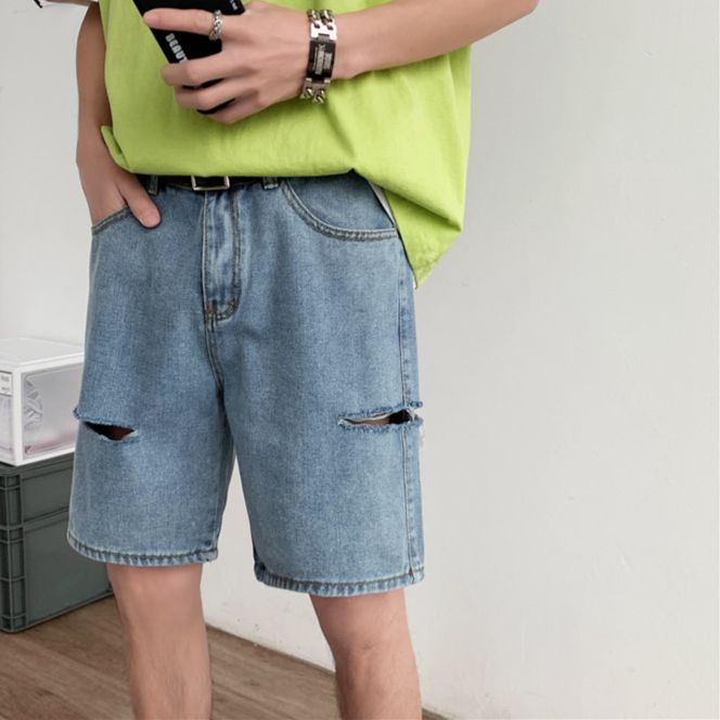 Men's Clothing Retro Ripped Denim Shorts Trendy Teenagers Loose Straight Casual Wide Leg Pants_mkmklike.com