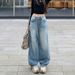 Women's Light Blue Rhinestone Jeans Spring New Arrival Heavy Duty Loose Fit Straight Leg Wide Leg Casual Fashion Office Lady Pants_mkmklike.com