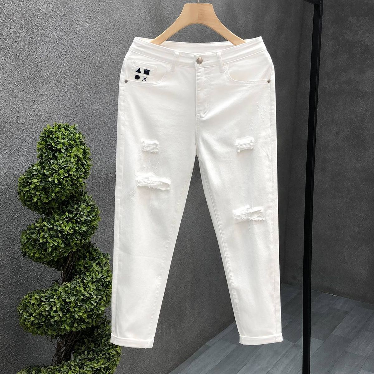 Men's Slim Fit Ripped Jeans Stretch Retro Style Cropped Length Korean Casual Skinny Jeans For Spring And Summer_mkmklike.com