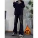 Nordmann American Style Vibe Retro Black Gradient Fleece-Lined Jeans For Men, Autumn Winter Trendy High Street Flared Cleanfit_mkmklike.com