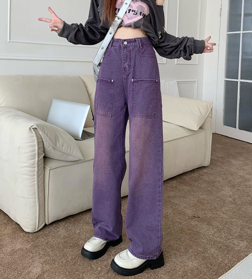 Women's Clothing High Street Purple Straight Jeans Men And Women Street Fashion Hip Hop Retro Loose Wide Leg Mopping Trousers Trend_mkmklike.com