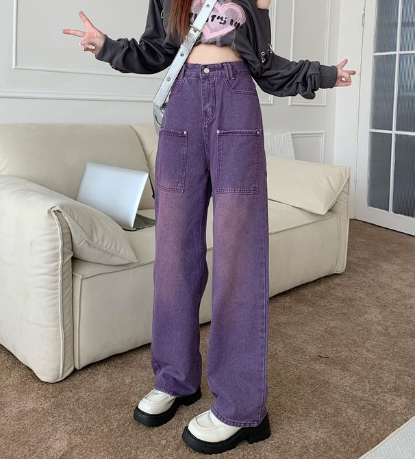 Women's Clothing High Street Purple Straight Jeans Men And Women Street Fashion Hip Hop Retro Loose Wide Leg Mopping Trousers Trend_mkmklike.com