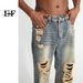 Spot EF JEANS | 2023 New Product, Retro And Old Washing Water Hole Design Straight Jeans Men's Casual Long_mkmklike.com