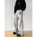 American Retro Washed Distressed Letter Print Flared Jeans For Men, Straight Leg, Loose Fit, Slimming, Clean Fit Trousers_mkmklike.com