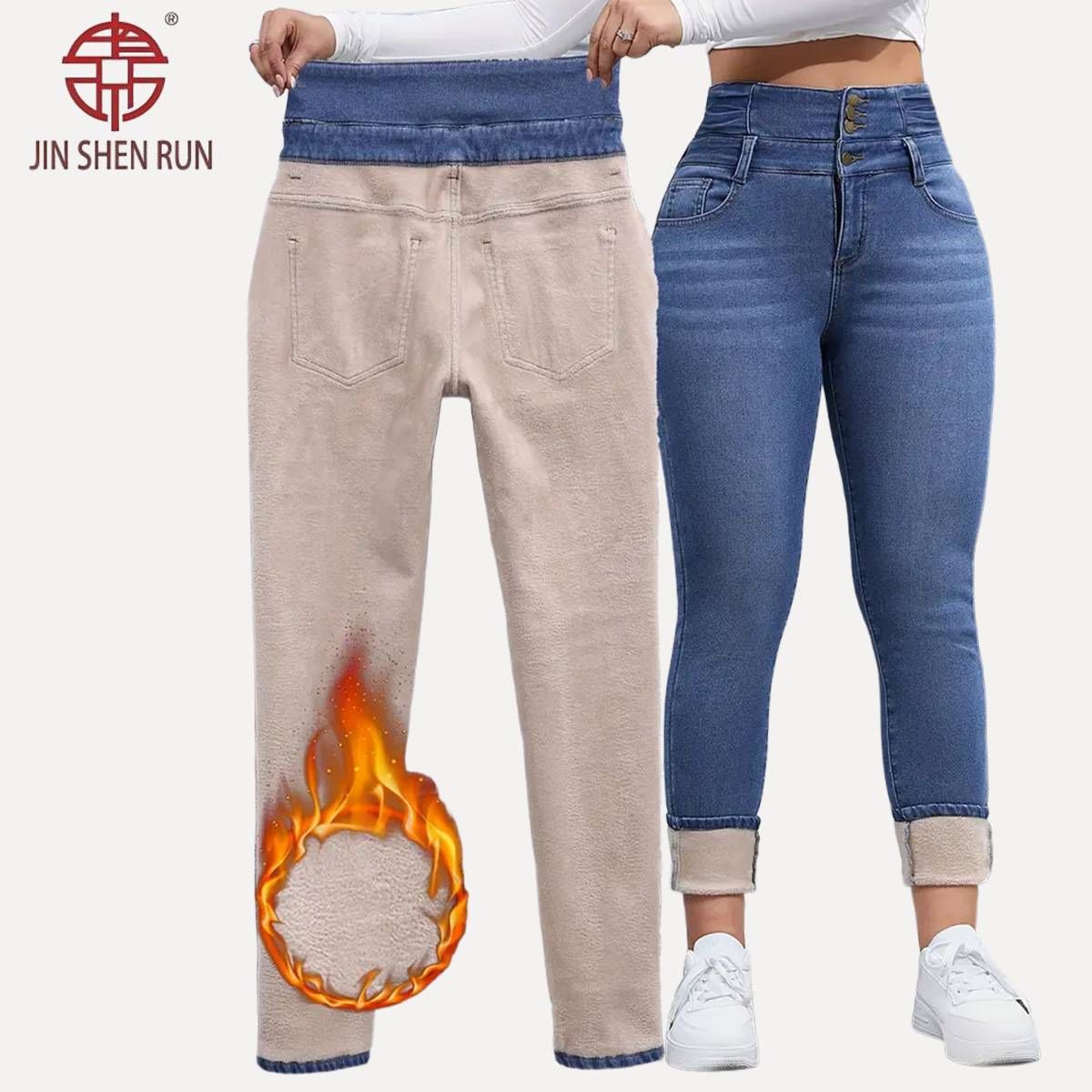 Women's Clothing Women's Stretchy High-Waisted Fleece-Lined Skinny Jeans - Classic Blue Washed Denim Pants For Winter Comfort_mkmklike.com