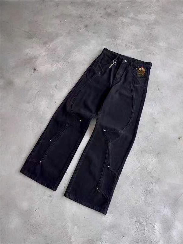 Black Straight-Leg Jeans – Distressed Punk Cargo Pants With Rivets (Cotton Blend, Streetwear Style)_mkmklike.com