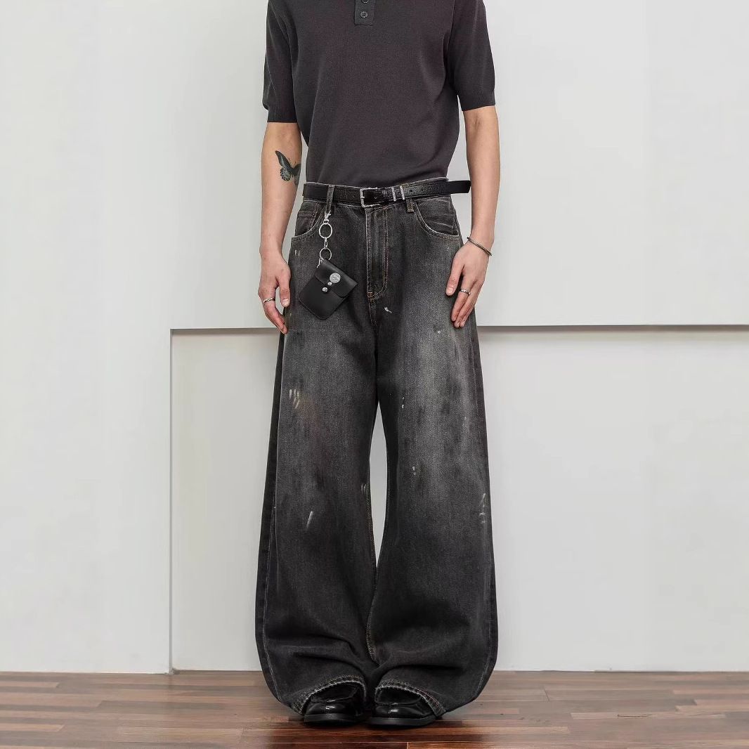 Men's Clothing Streetwear Splatter Paint Jeans For Men & Women, Vintage Loose-Fit Straight Denim Pants With Hand-Painted Graffiti Design_mkmklike.com