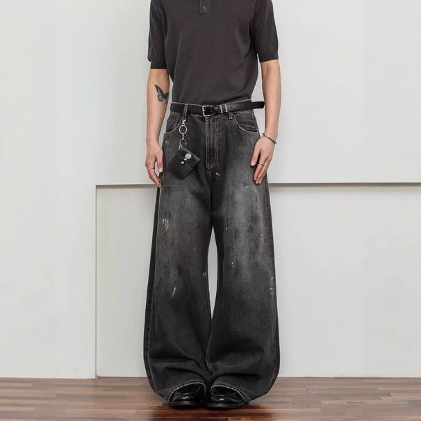 Men's Clothing Streetwear Splatter Paint Jeans For Men & Women, Vintage Loose-Fit Straight Denim Pants With Hand-Painted Graffiti Design_mkmklike.com