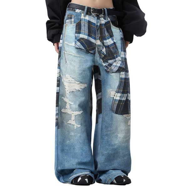 Vintage Checkered Print Jeans – Distressed Denim Pants For Men & Women (S-3XL, Washed Blue)_mkmklike.com