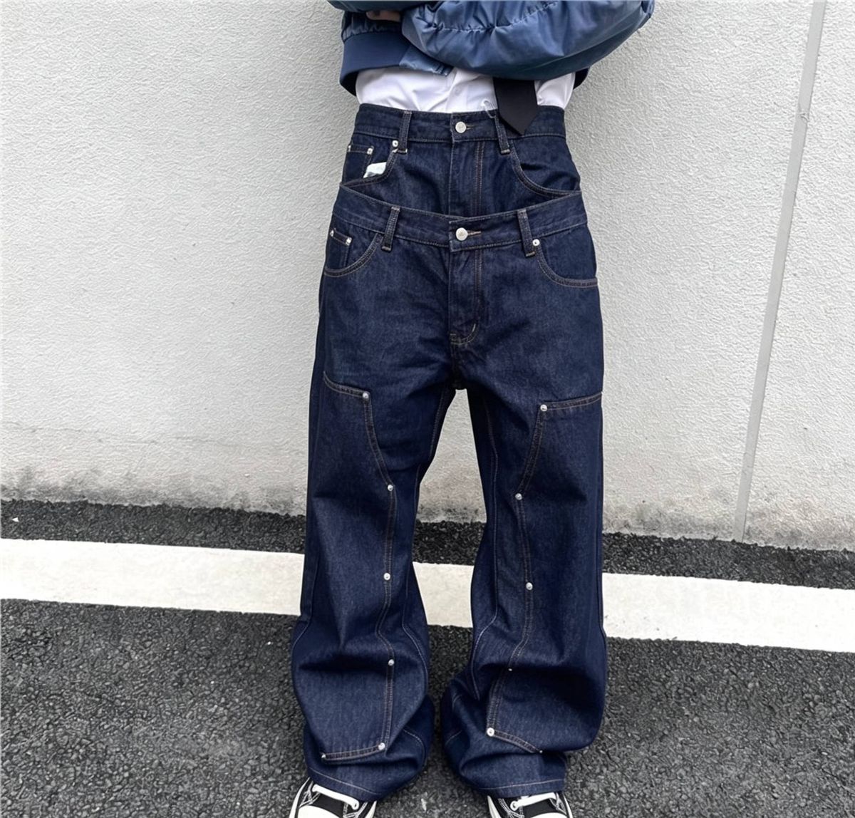 Men's Clothing Retro Studded Double Waisted Jeans, Unisex Loose Fitting Baggy Straight Leg Wide Leg Casual Logging Pants_mkmklike.com